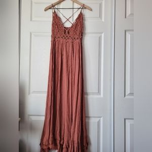 Free People FP One Adella Maxi Slip Rose Pink Crochet Lace Dress